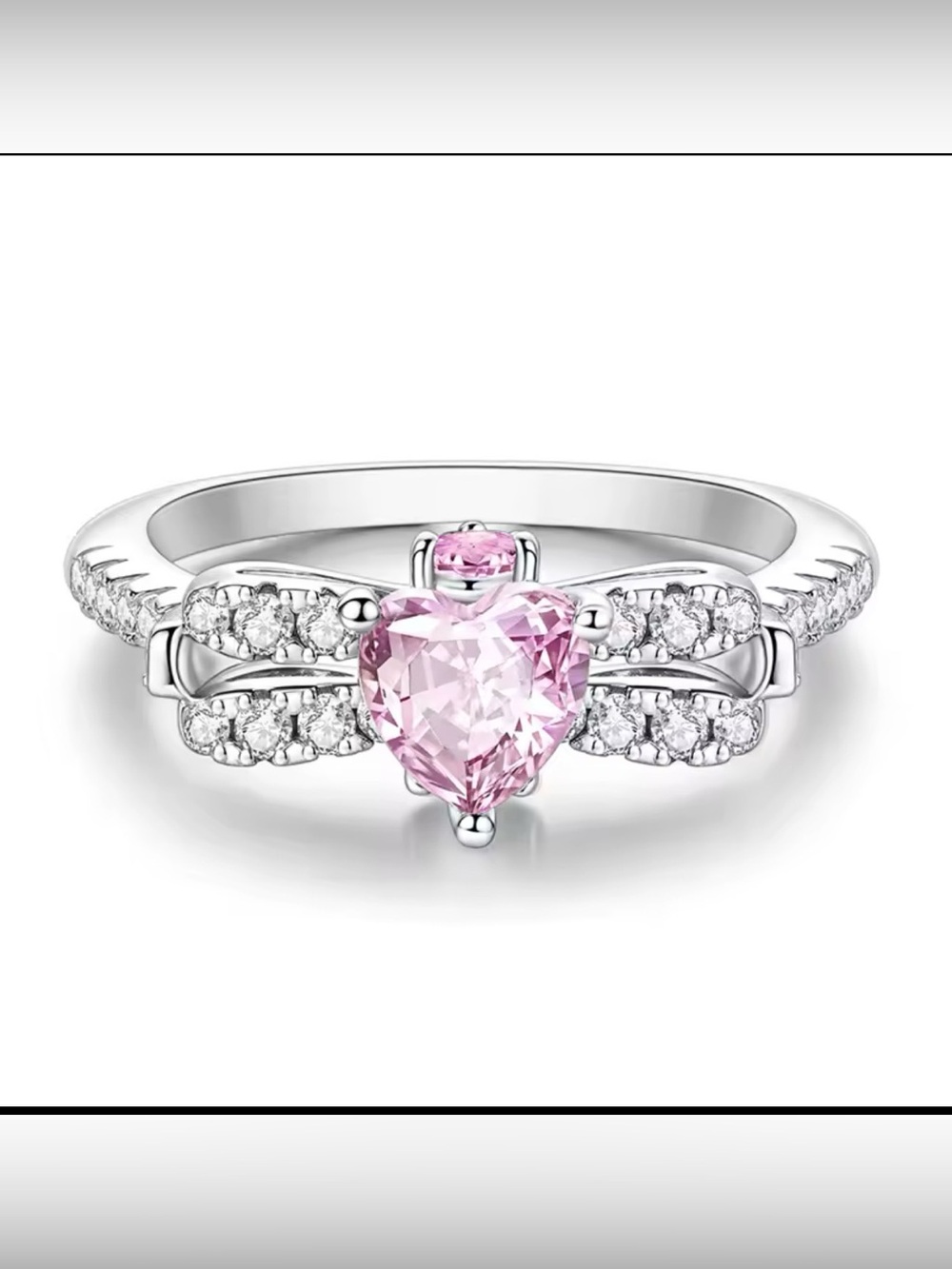 Sterling Silver Pink Heart Ring with Bow Accent